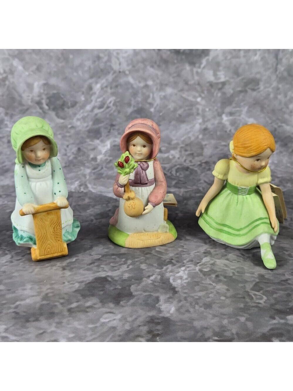 Vintage 1980s Set of 3 Holly Hobbie Figurines Porcelain Girls Dance Scooter